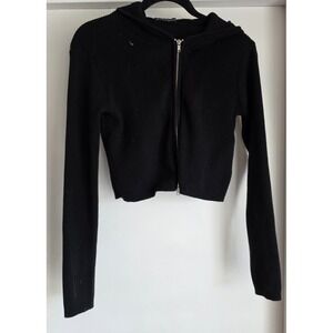 Brandy Melville Women's Black Cotton Blend Pullover Hoodie Sweatshirt Cropped